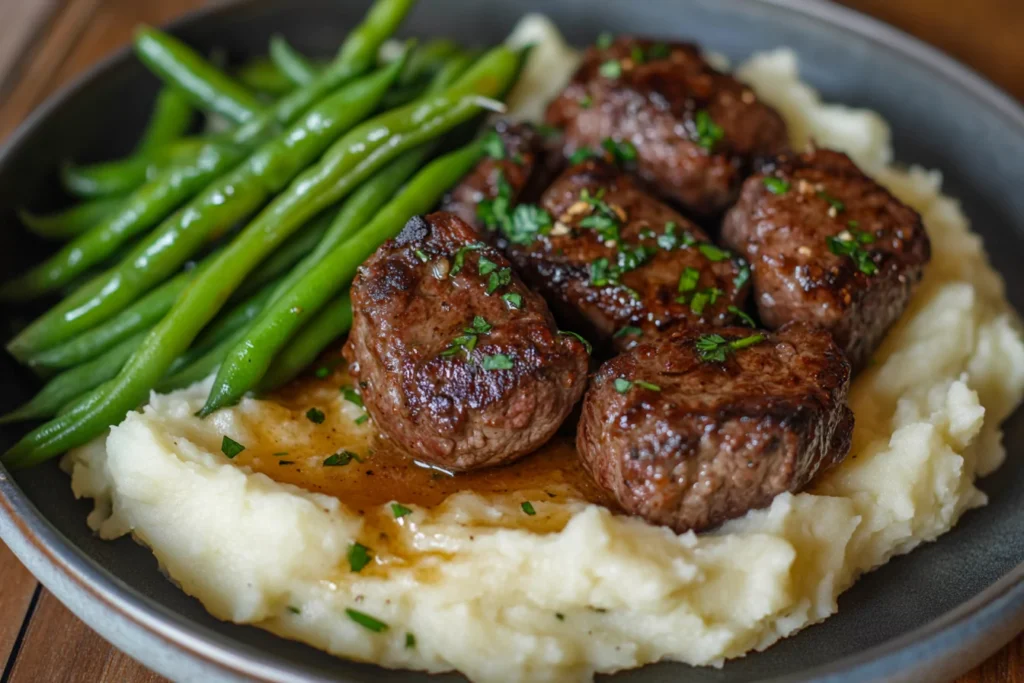 Garlic Butter Steak Bites and Mash