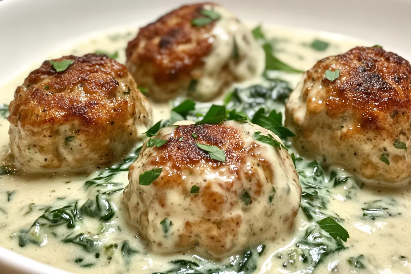 Chicken Ricotta Meatballs with Spinach Alfredo Sauce