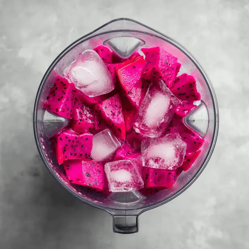 Purple Peel Recipe: The Shocking Fat-Burning Drink boosted My Energy 9 Chunks of dragon fruit and ice cubes in a blender ready to blend