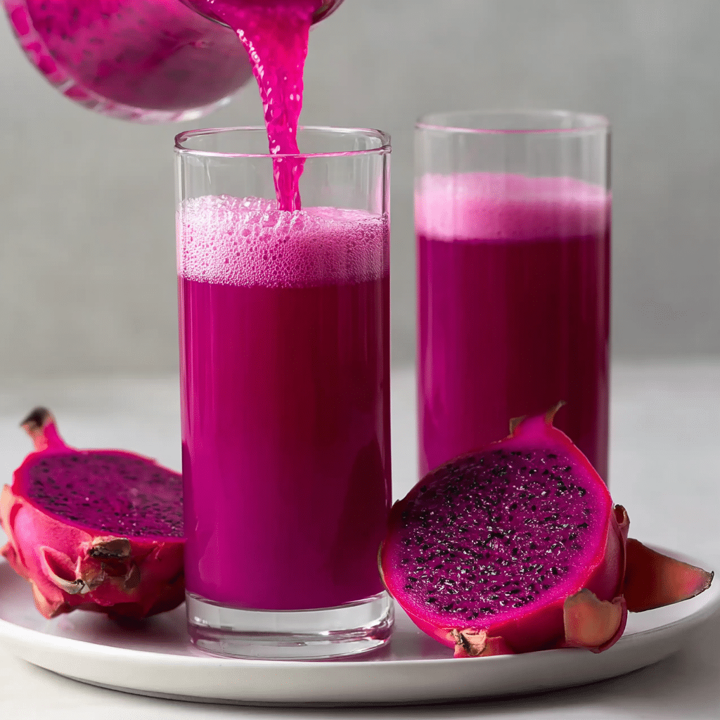 Purple Peel Recipe: The Shocking Fat-Burning Drink boosted My Energy 6 Dragon fruit smoothie being poured into a glass with fresh fruit on the side