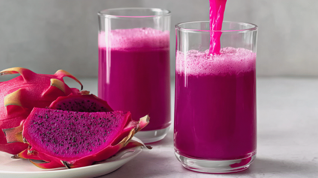 Bright purple smoothie in a clear glass with sliced dragon fruit