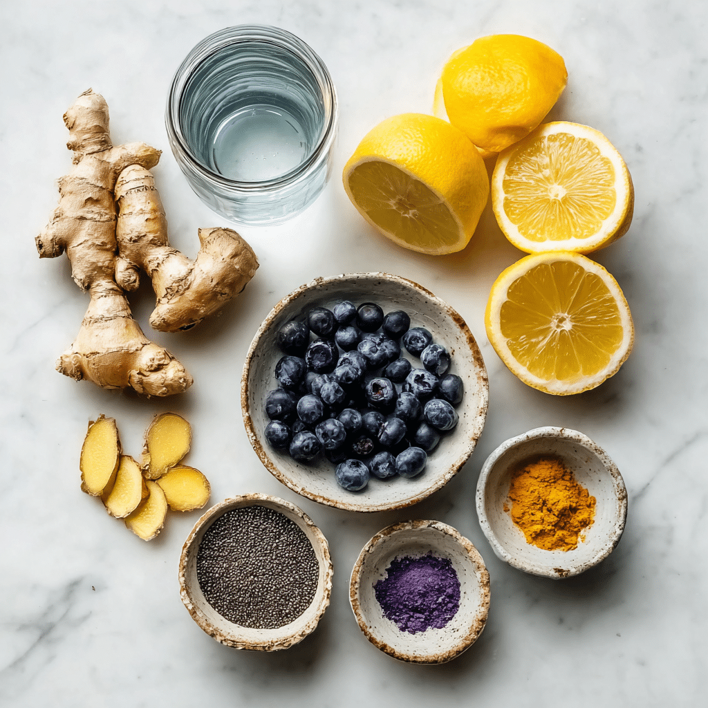 Purple Peel Recipe: The Shocking Fat-Burning Drink boosted My Energy 8 Purple peel recipe ingredients including blueberries, lemon, ginger, chia, and mangosteen powder