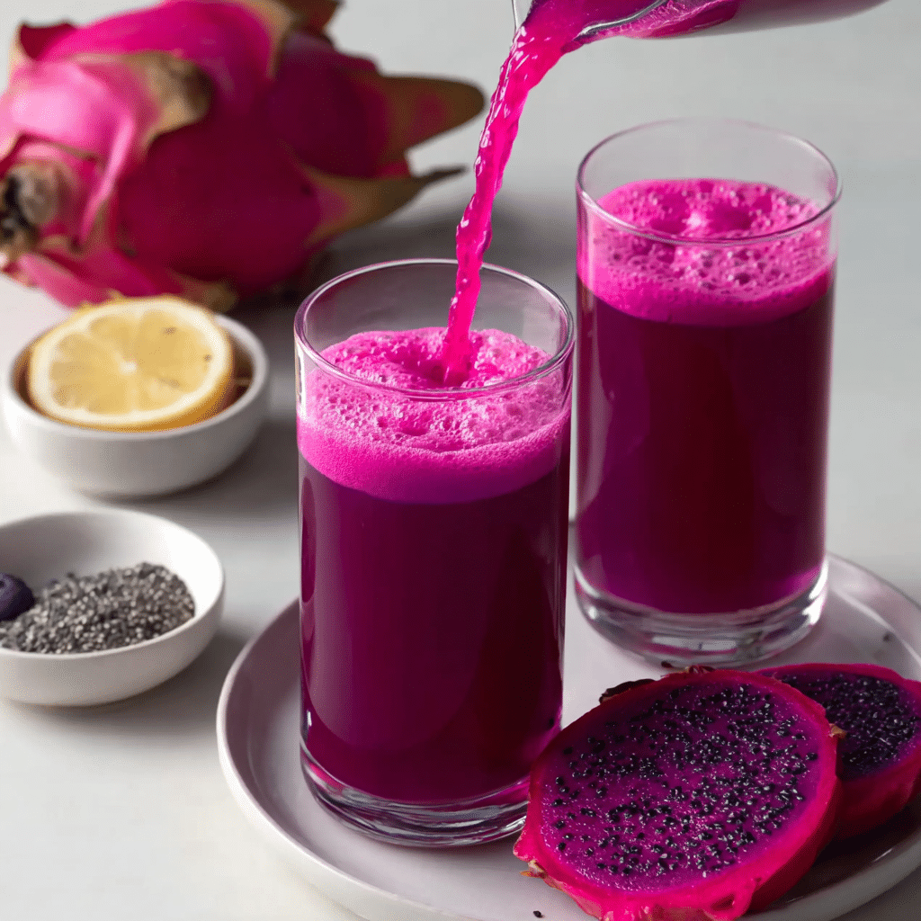 Purple Peel Recipe: The Shocking Fat-Burning Drink boosted My Energy 10 Purple peel drink poured into a glass with chia, lemon, and dragon fruit