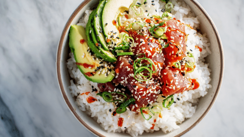 Spicy tuna bowls with avocado and sesame