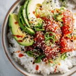 Spicy tuna bowls with avocado and sesame