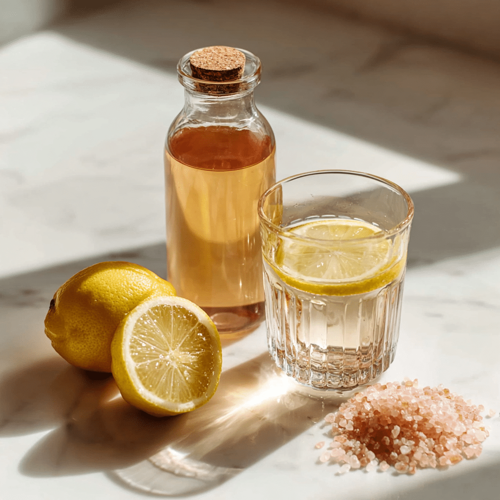 Glass of lemon water with pink salt and apple cider vinegar for Pink Salt Apple Cider Vinegar Weight Loss Recipe on a sunlit marble counter