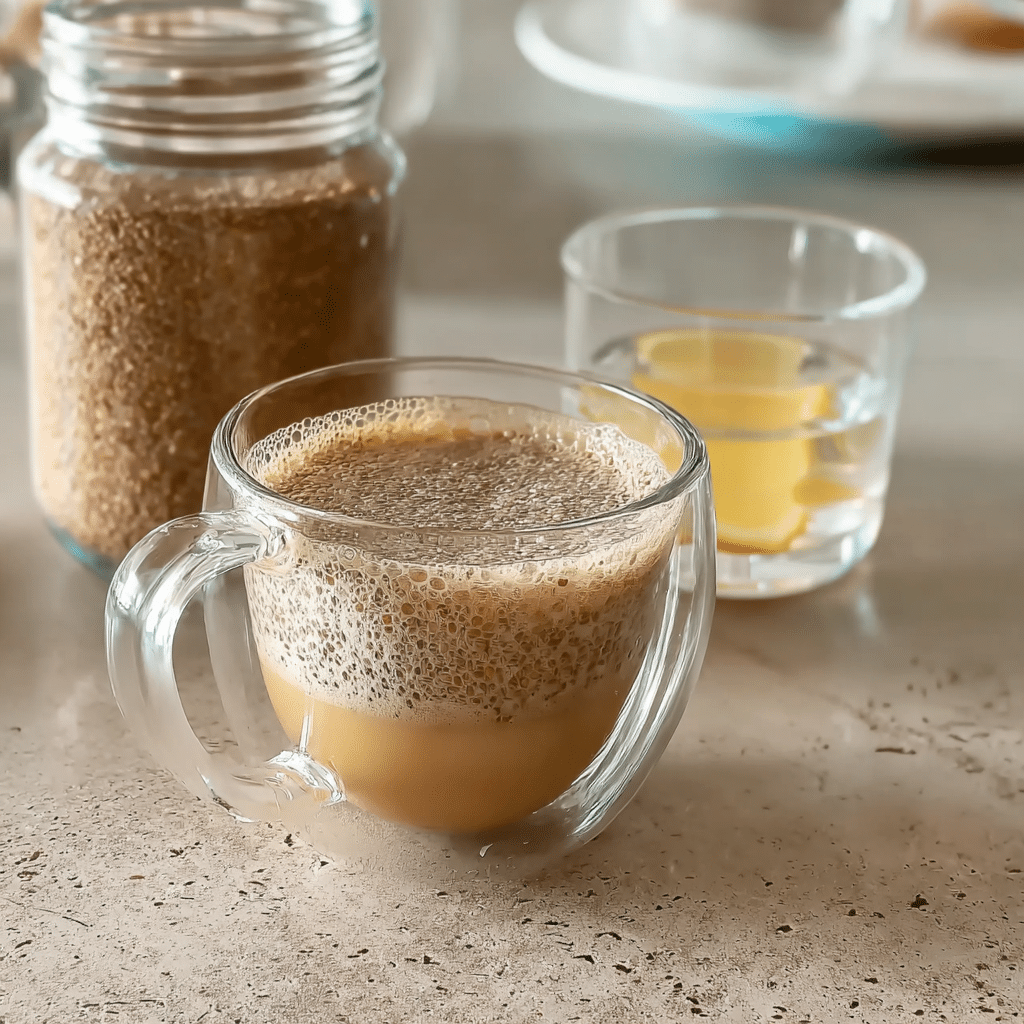Prepared bariatric seed trick drink in a glass mug with seed powder and water in background