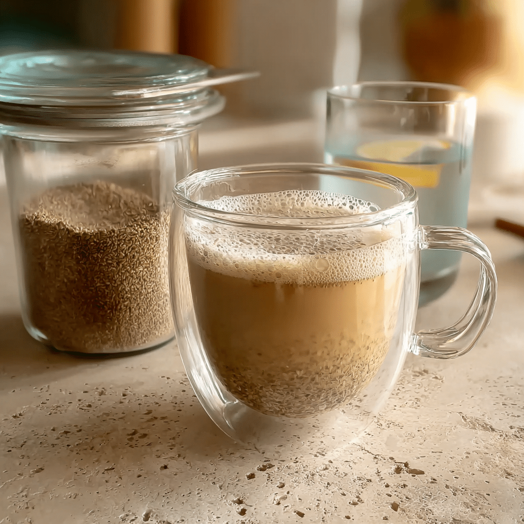 Frothy bariatric seed  trick drink served in a glass cup with lemon water and seed jar in background