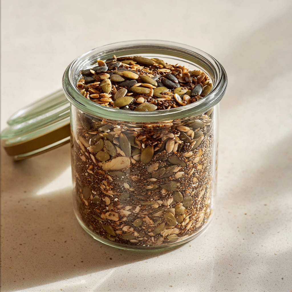Homemade bariatric seed trick mix in a clear glass jar on kitchen counter