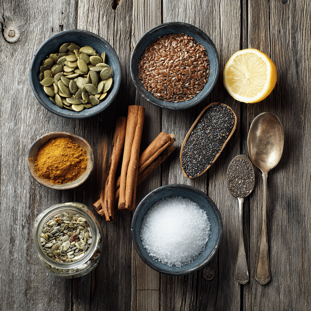 Measured pumpkin seeds, chia, flax, cinnamon, and lemon zest for bariatric seed recipe