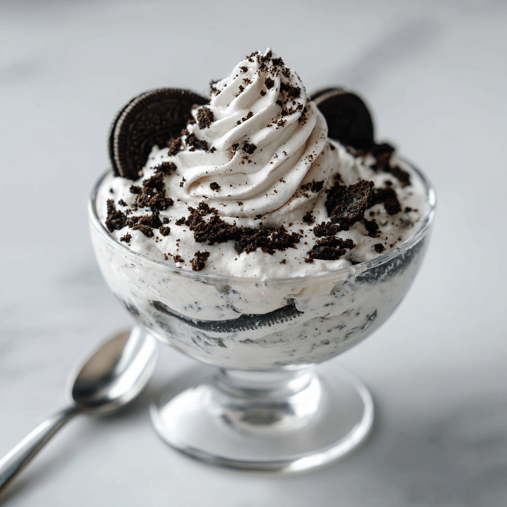 High protein Oreo fluff in a dessert bowl topped with crushed Oreos