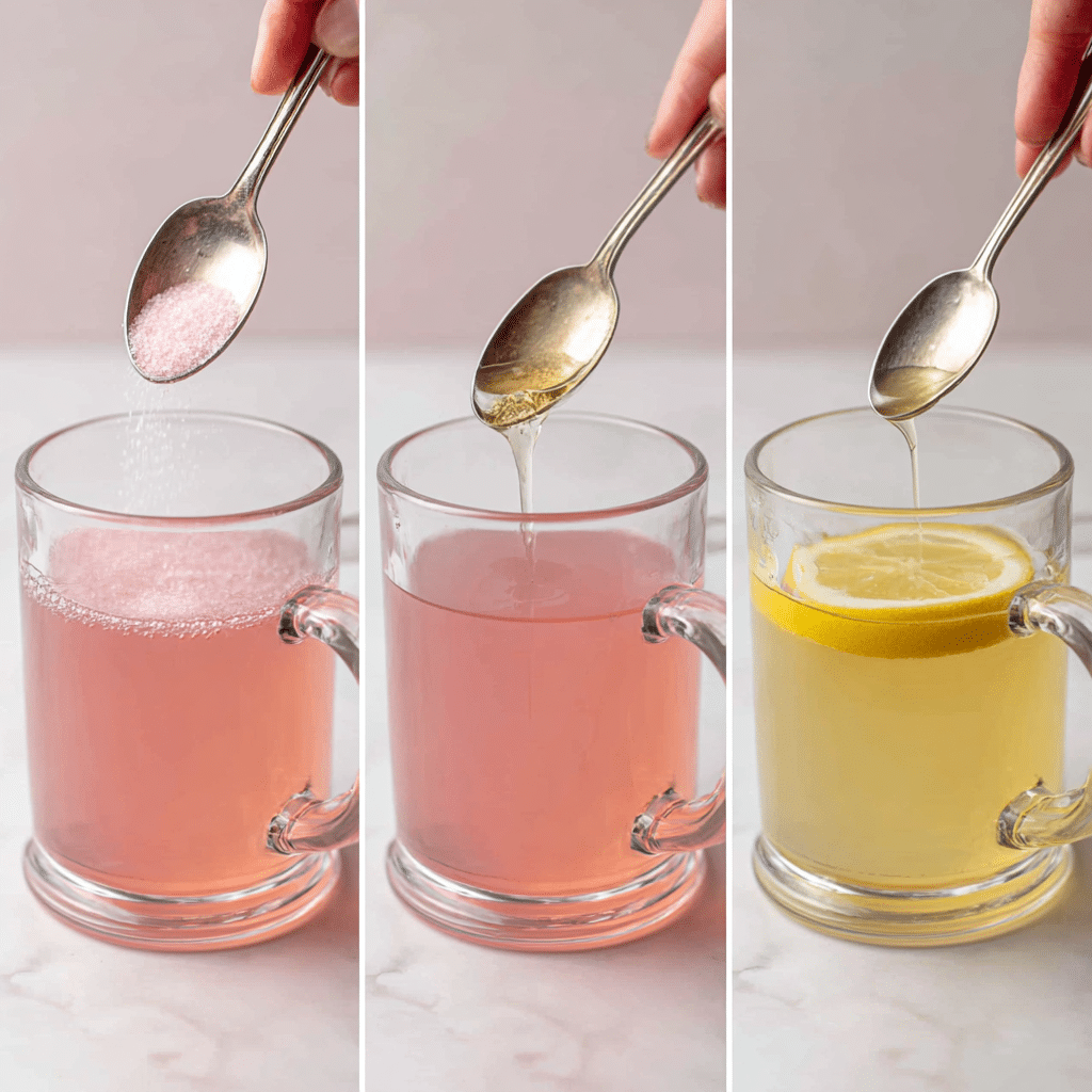 Steps for making the Pink Salt Apple Cider Vinegar Weight Loss Recipe: adding pink salt, apple cider vinegar, and lemon juice to warm water