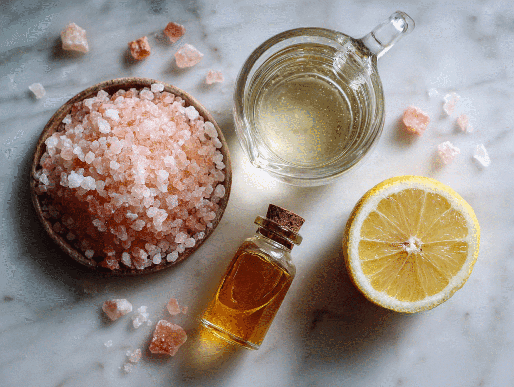 Flatlay of Pink Salt Apple Cider Vinegar Weight Loss Recipe ingredients including Himalayan salt, lemon, apple cider vinegar, and warm water