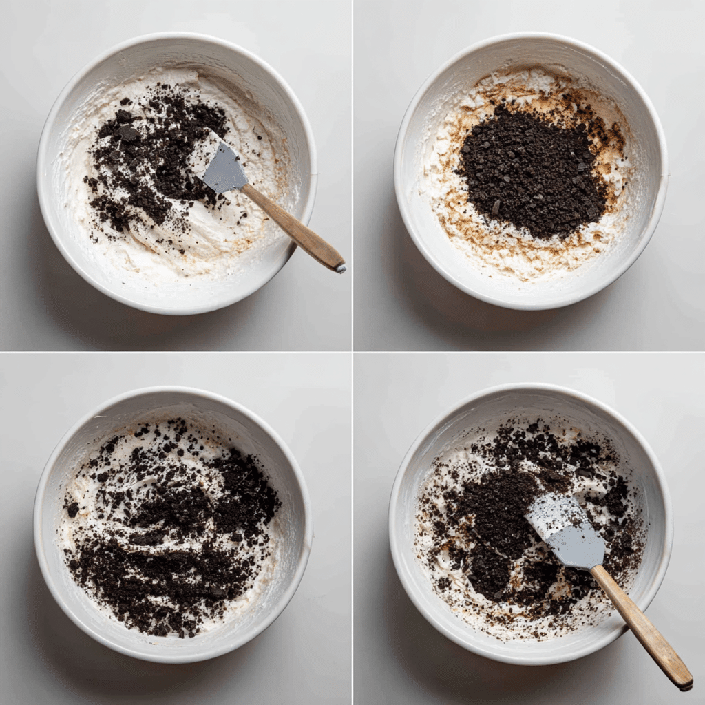 Step-by-step mixing of high protein Oreo fluff with crushed Oreos