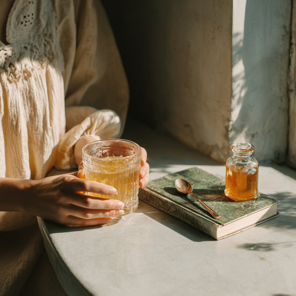 Woman holding a morning glass of Pink Salt Apple Cider Vinegar Weight Loss Recipe next to a jar of honey, spoon, and book on a sunlit windowsill