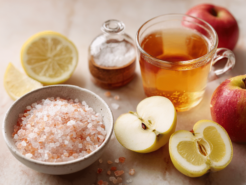 Ingredients for Pink Salt Apple Cider Vinegar Weight Loss Recipe including pink Himalayan salt, lemon, apple, apple cider vinegar, and detox tea in a glass