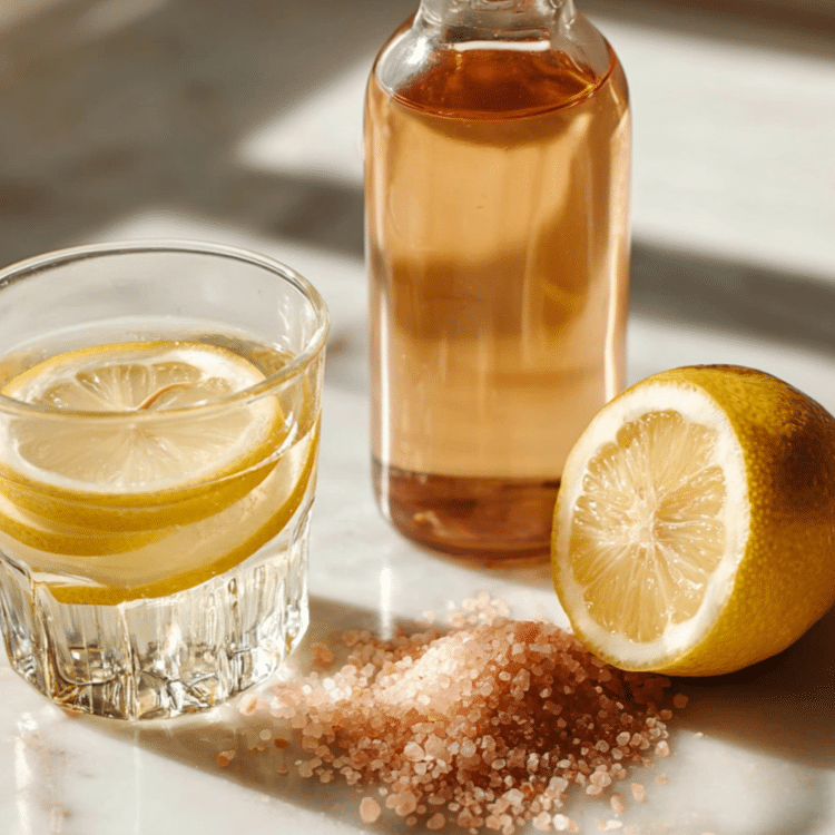 Glass of lemon water, bottle of apple cider vinegar, pink salt, and a lemon for the Pink Salt Apple Cider Vinegar Weight Loss Recipe
