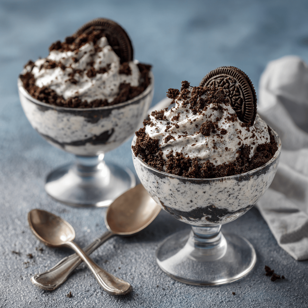 Served portions of high protein Oreo fluff in dessert cups