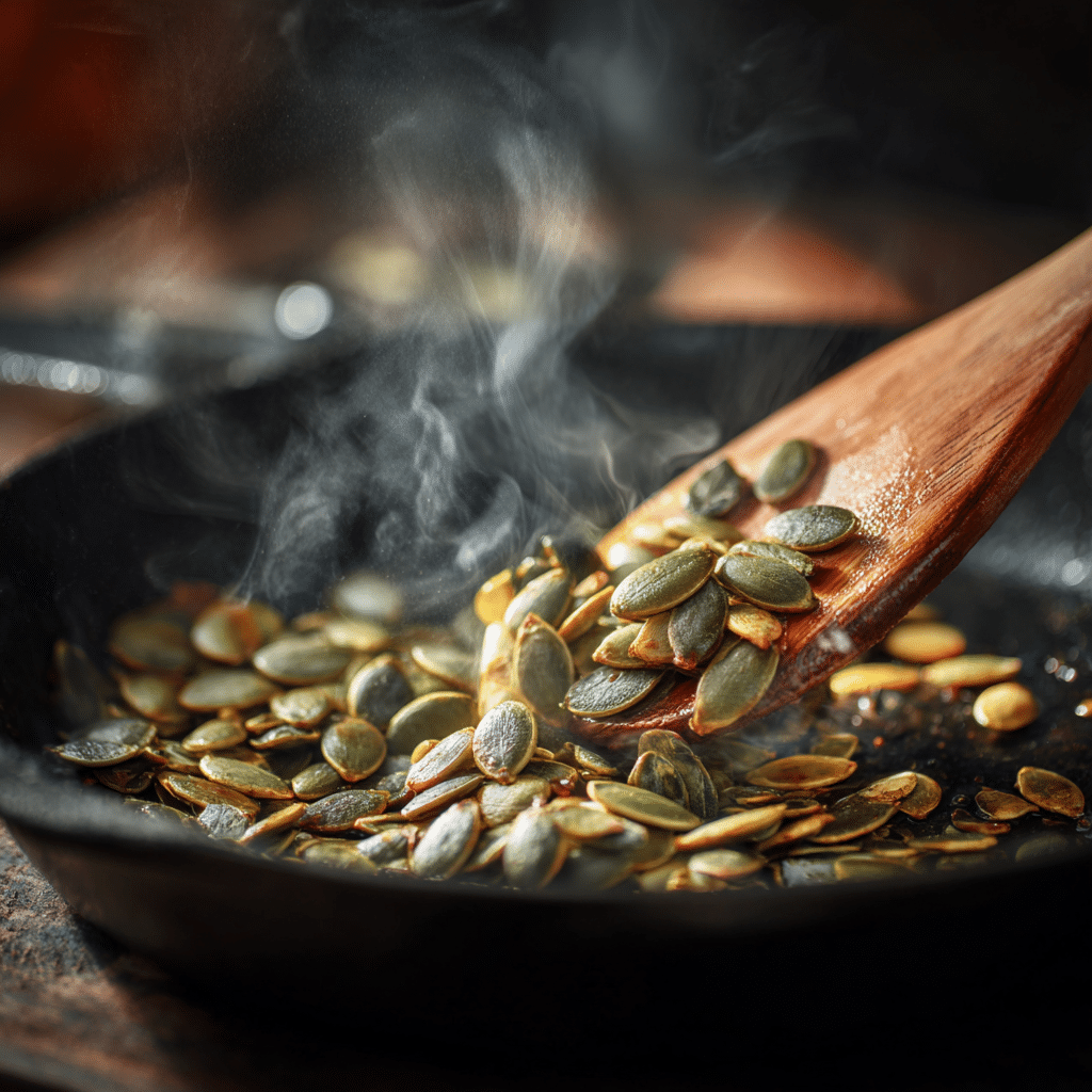 Toasting pumpkin seeds for bariatric seed recipe in a skillet