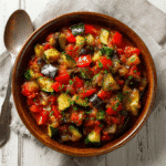 Overhead view of a rustic bowl filled with classic French ratatouille recipe, a colorful vegetable stew made with diced zucchini, eggplant, peppers, onions, and tomatoes.