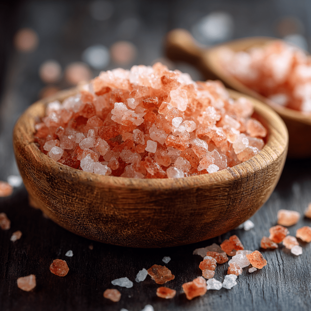 Himalayan pink salt crystals in a wooden bowl.