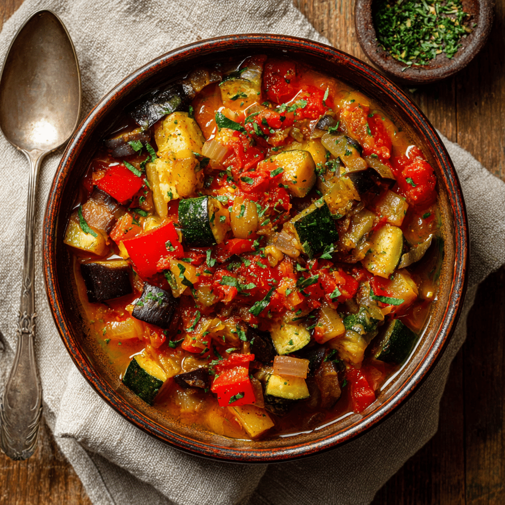 Classic French ratatouille recipe served in a rustic bowl with diced zucchini, eggplant, bell peppers, onions, and tomatoes, garnished with fresh thyme.