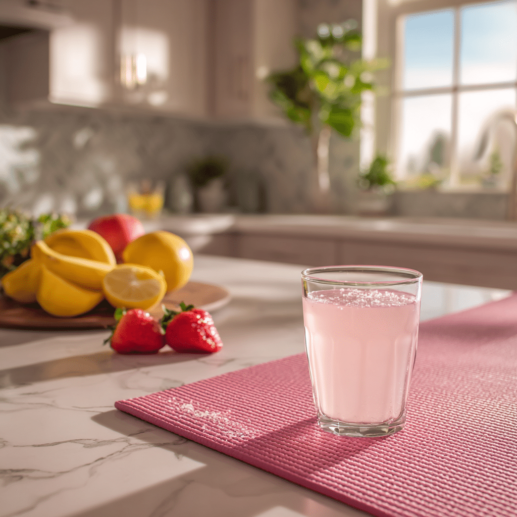 Pink salt drink with yoga mat and fresh fruit in background.