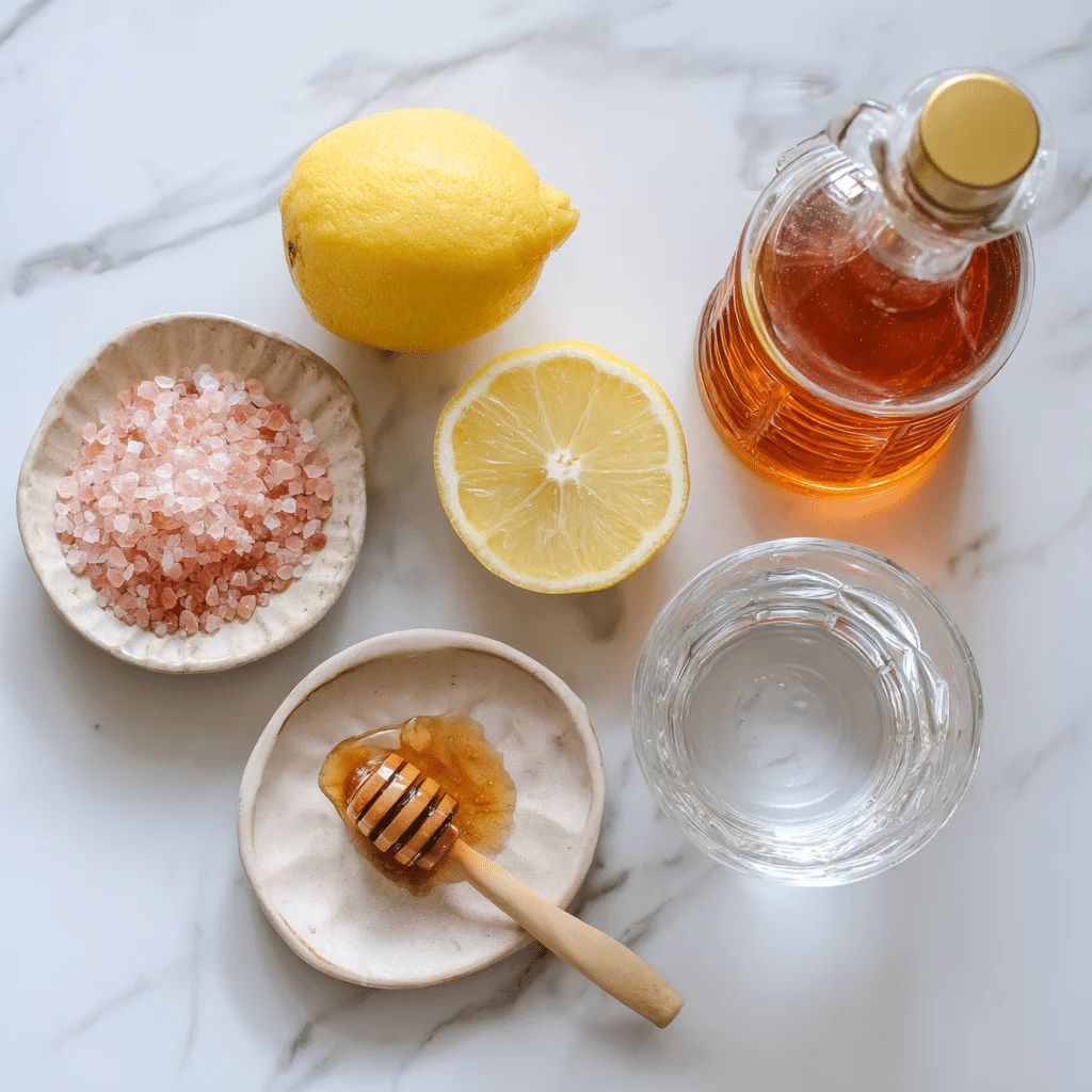 Ingredients for Pink Salt Weight Loss Recipe drink on a white surface.