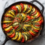 Layered ratatouille recipe in a cast-iron skillet with zucchini, yellow squash, eggplant, and tomato slices arranged in a spiral over tomato sauce, topped with basil.