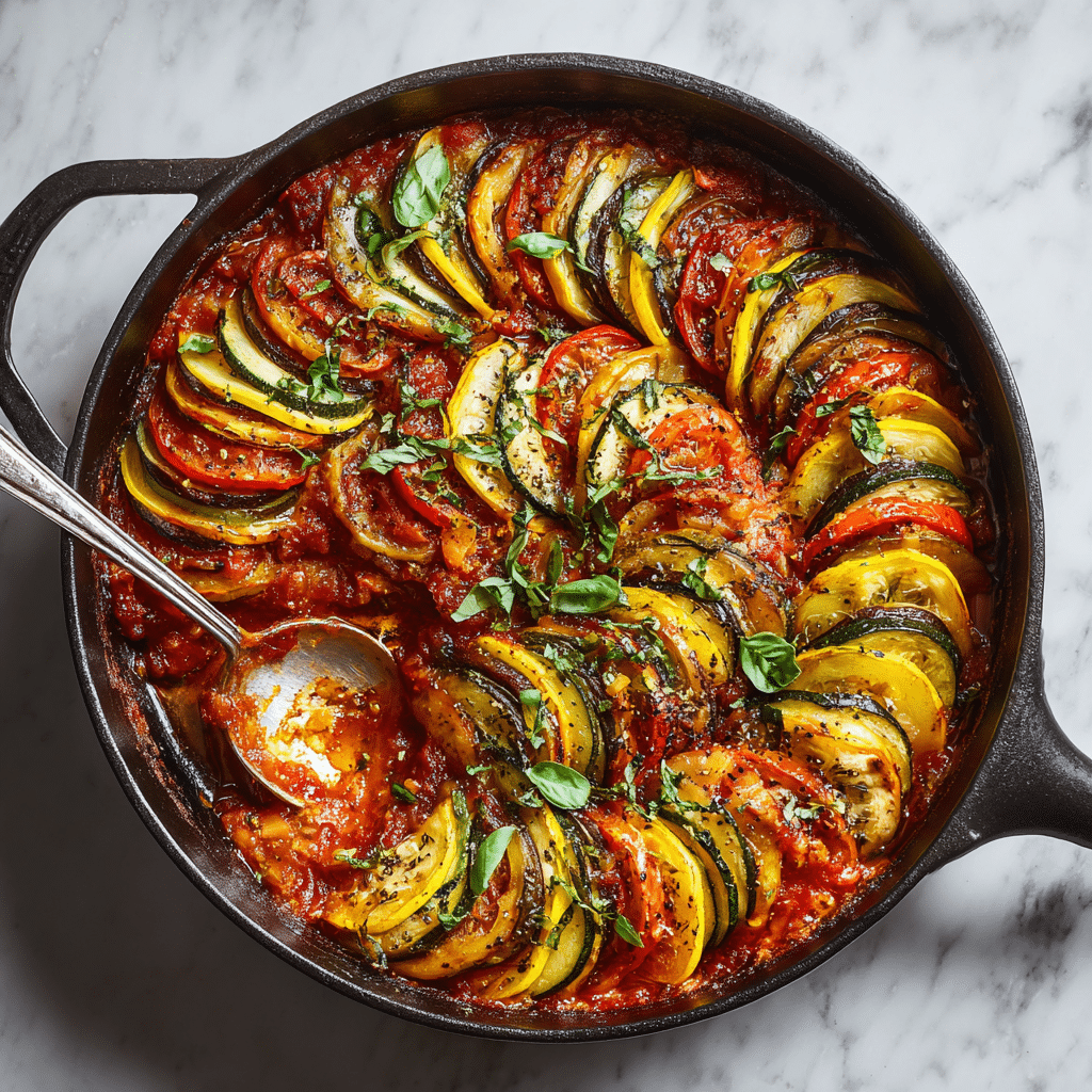 Partially served layered ratatouille recipe in a cast-iron skillet with zucchini, yellow squash, eggplant, and tomato slices in a spiral over tomato sauce, with a serving spoon.