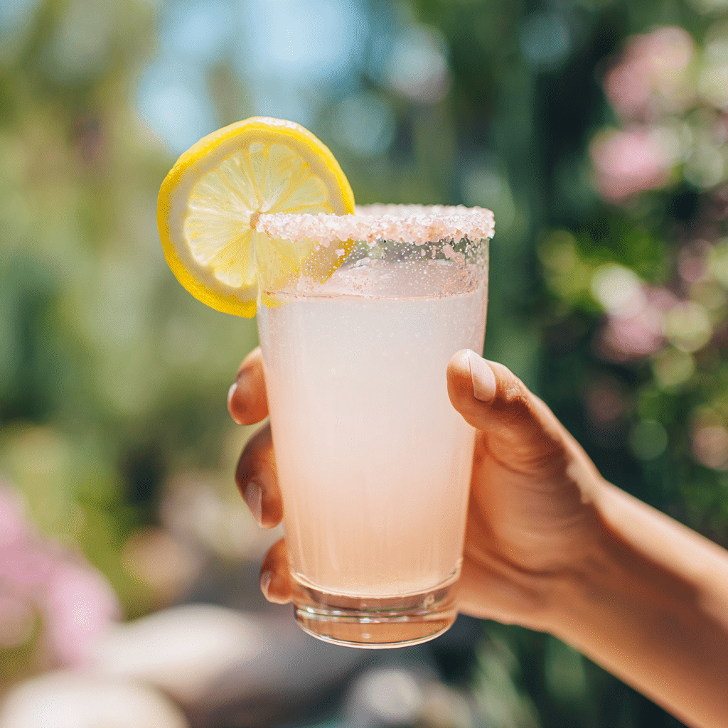 Hand holding a glass of pink salt weight loss drink.