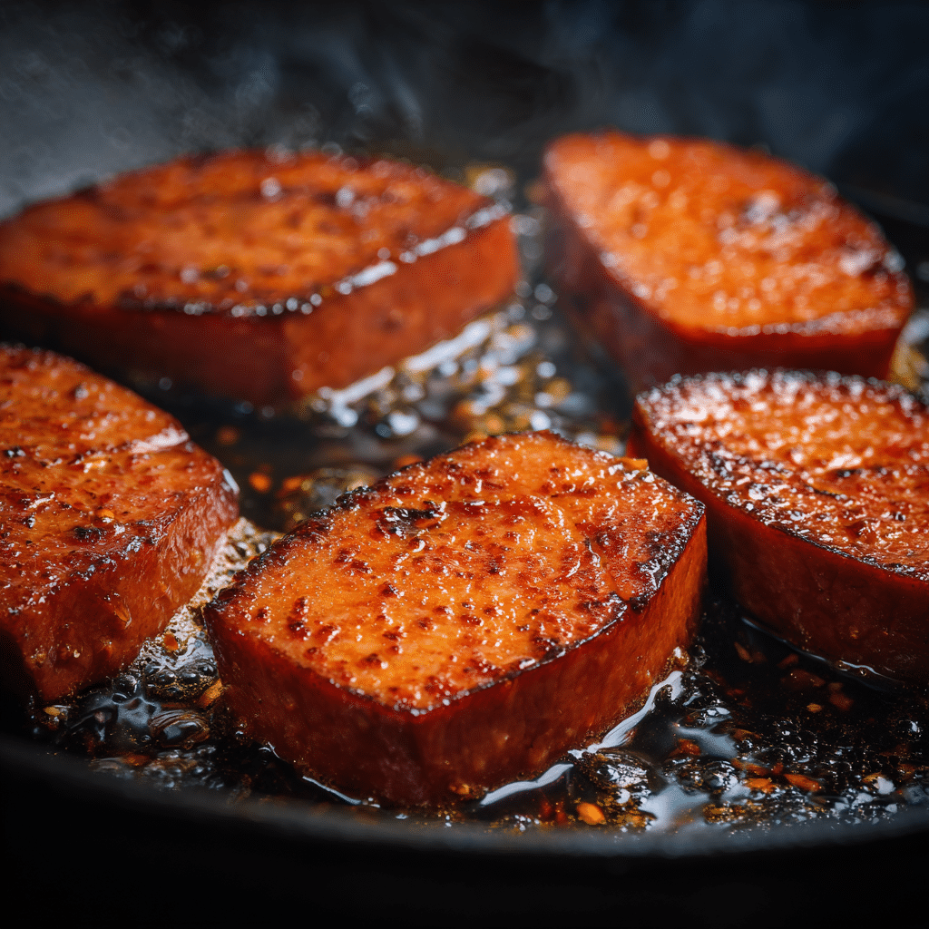 Glazed Spam slices caramelizing in a pan for spam musubi recipe