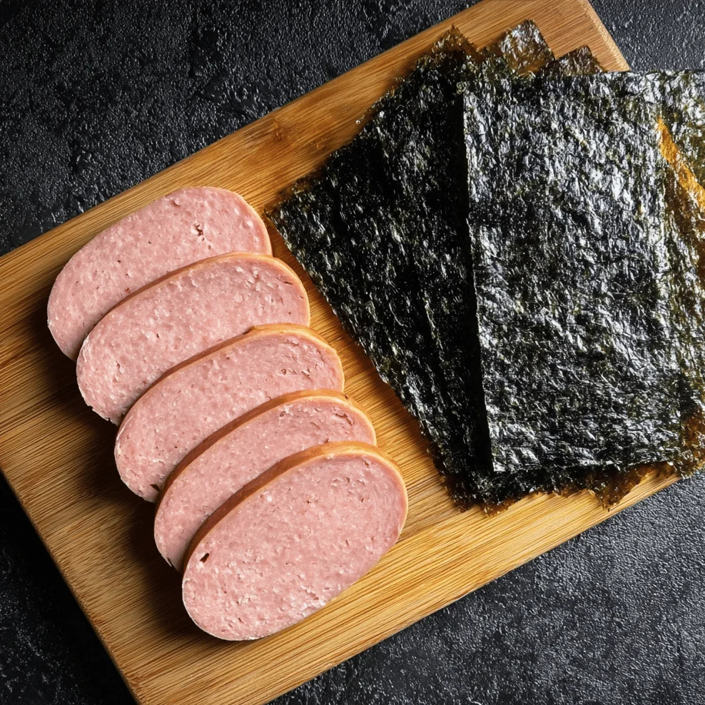Raw Spam slices and roasted nori sheets for spam musubi on wooden board