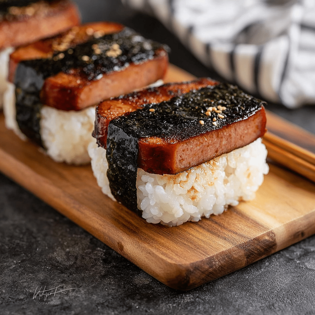 Close-up of finished spam musubi with glazed Spam and rice wrapped in nori