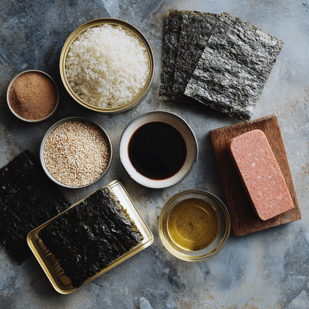 Flat lay of Spam musubi recipe ingredients including rice, soy sauce, sesame seeds, seaweed, oil, and raw Spam