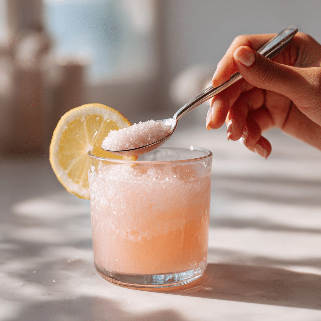Hand stirring Pink Salt Weight Loss Recipe drink in a glass.