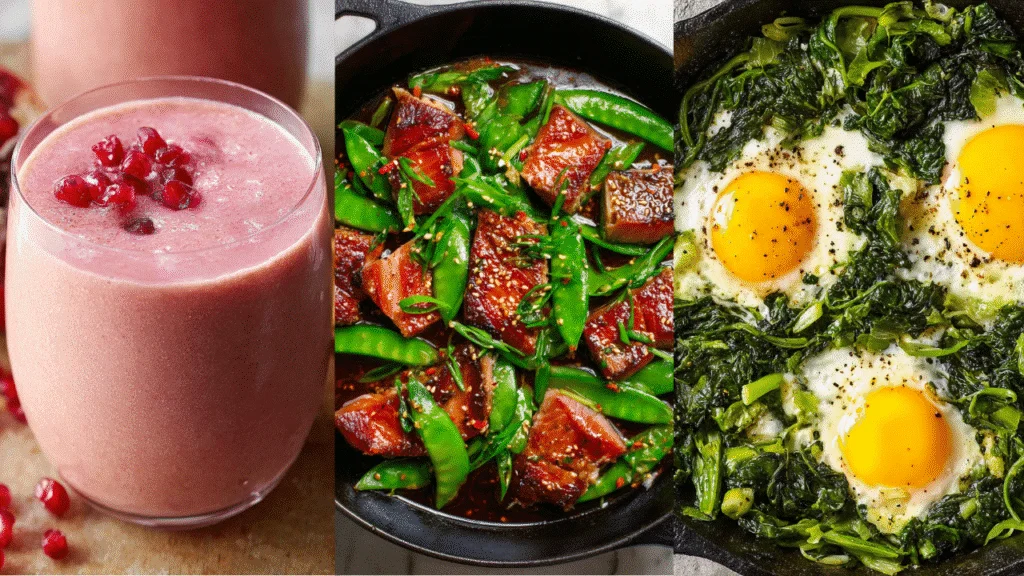 Testosterone Booster Recipe featuring pomegranate smoothie, tuna stir-fry, and spinach egg breakfast
