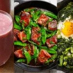 Testosterone Booster Recipe featuring pomegranate smoothie, tuna stir-fry, and spinach egg breakfast