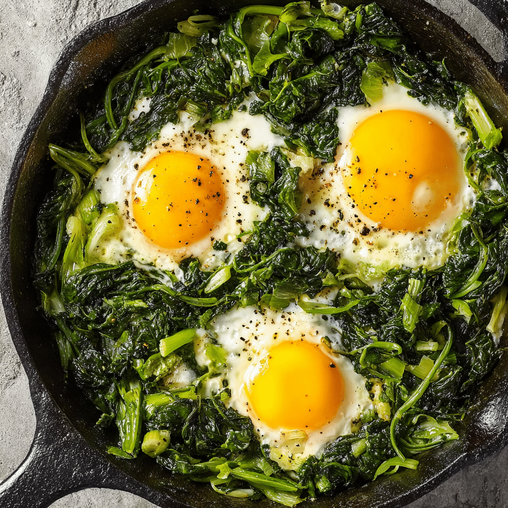Testosterone Booster Recipe skillet with eggs and sautéed spinach