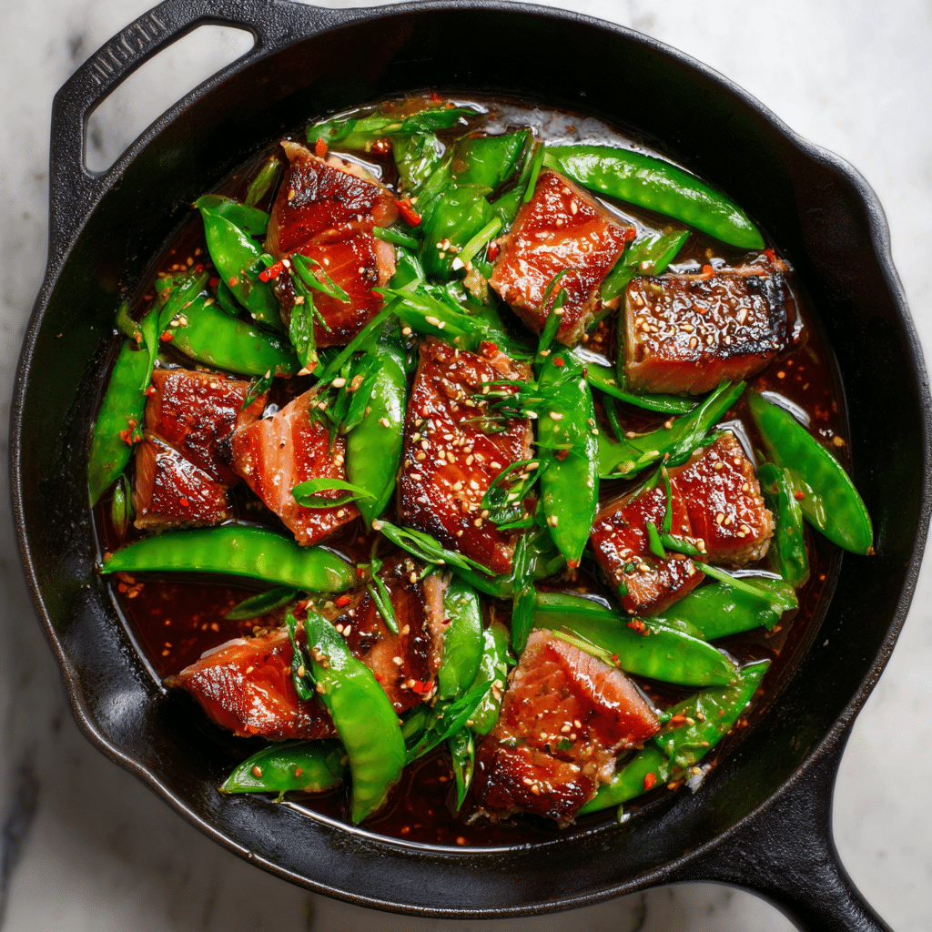 Testosterone Booster Recipe garlic ginger tuna stir-fry with snow peas in cast iron skillet