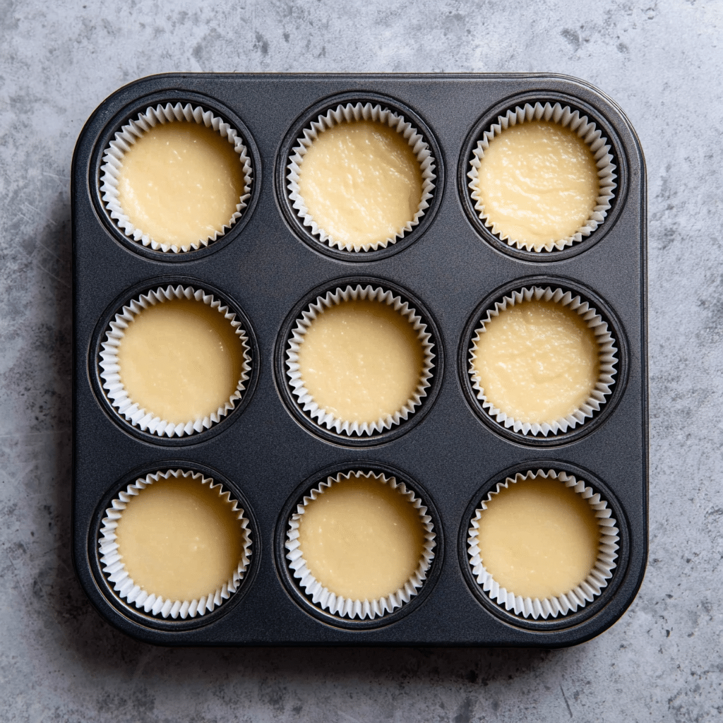 Vegan Cupcake Recipe Vanilla batter in paper liners inside a silver muffin tray