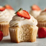 Close-up of Vegan Cupcake Recipe Vanilla with a bite taken, topped with frosting and strawberry