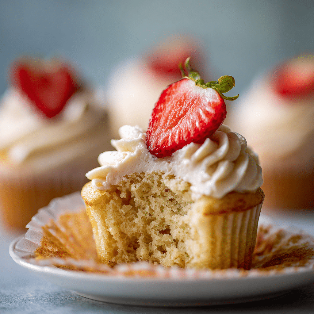 Close-up of Vegan Cupcake Recipe Vanilla with a bite taken, topped with frosting and strawberry half