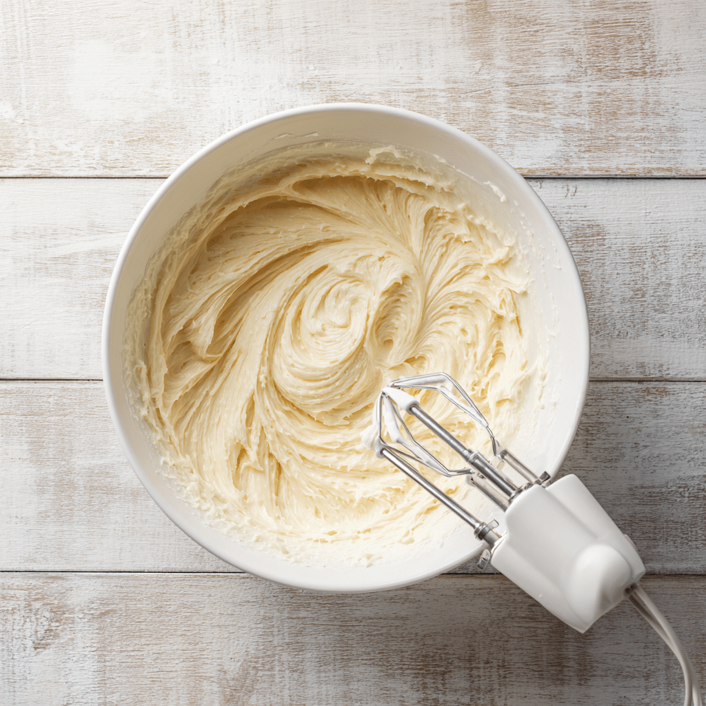 Creamy frosting for Vegan Cupcake Recipe Vanilla in a mixing bowl with electric beaters