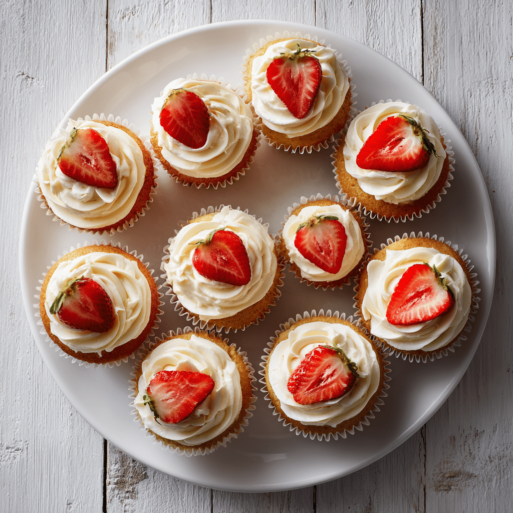 Overhead view of Vegan Cupcake Recipe Vanilla topped with strawberry slices and creamy frosting