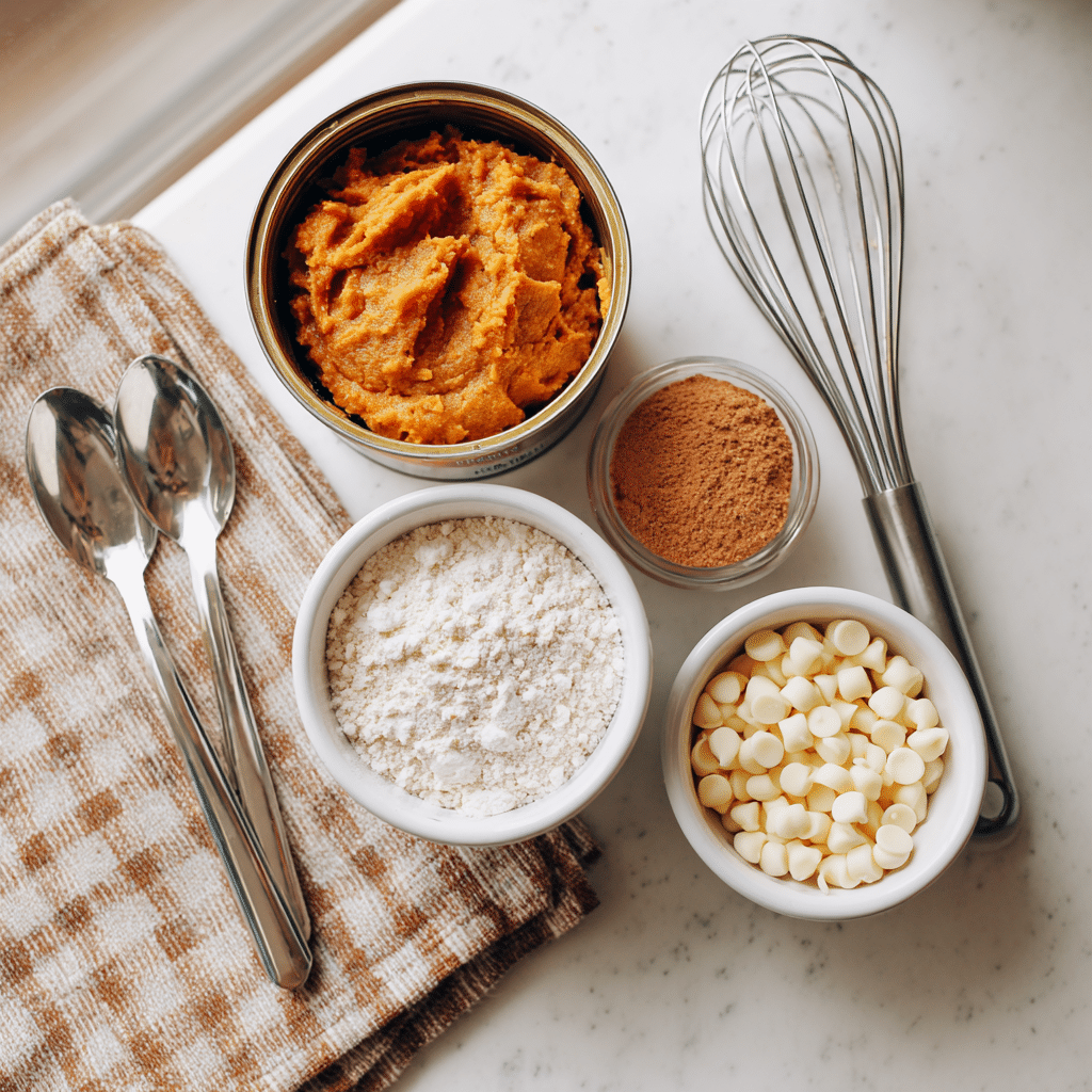 Ingredients for 3 ingredient pumpkin cookies including canned pumpkin, flour, spice mix, and white chocolate chips