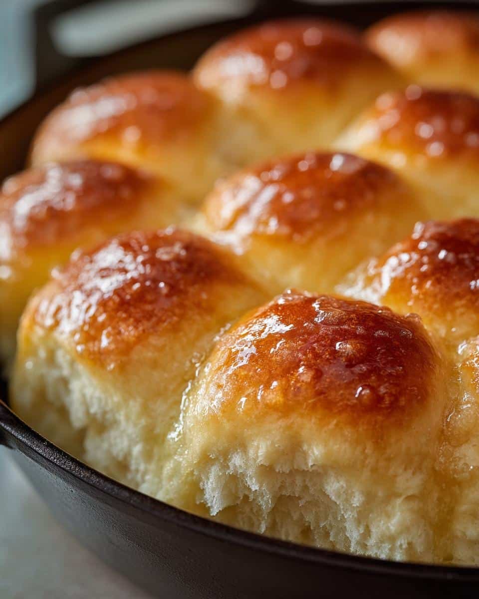 Close-up of freshly baked, golden brown dinner rolls with a glossy sheen, nestled in a cast iron skillet.
