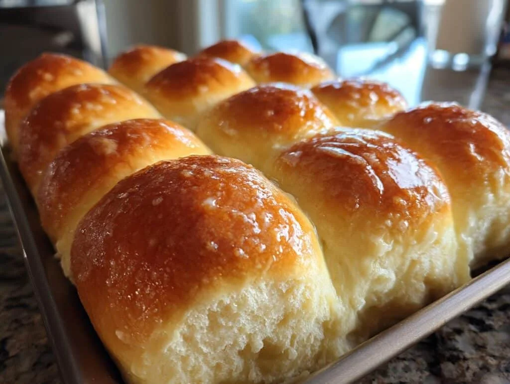 A close-up shot of a pan filled with freshly baked, golden brown dinner rolls, generously brushed with a shiny glaze.