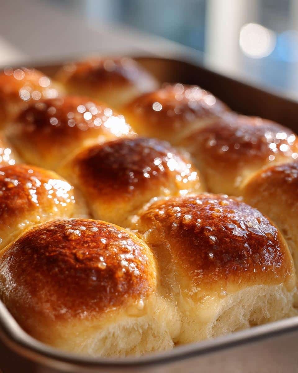Close-up of freshly baked, golden brown dinner rolls with a glossy sheen in a baking pan.