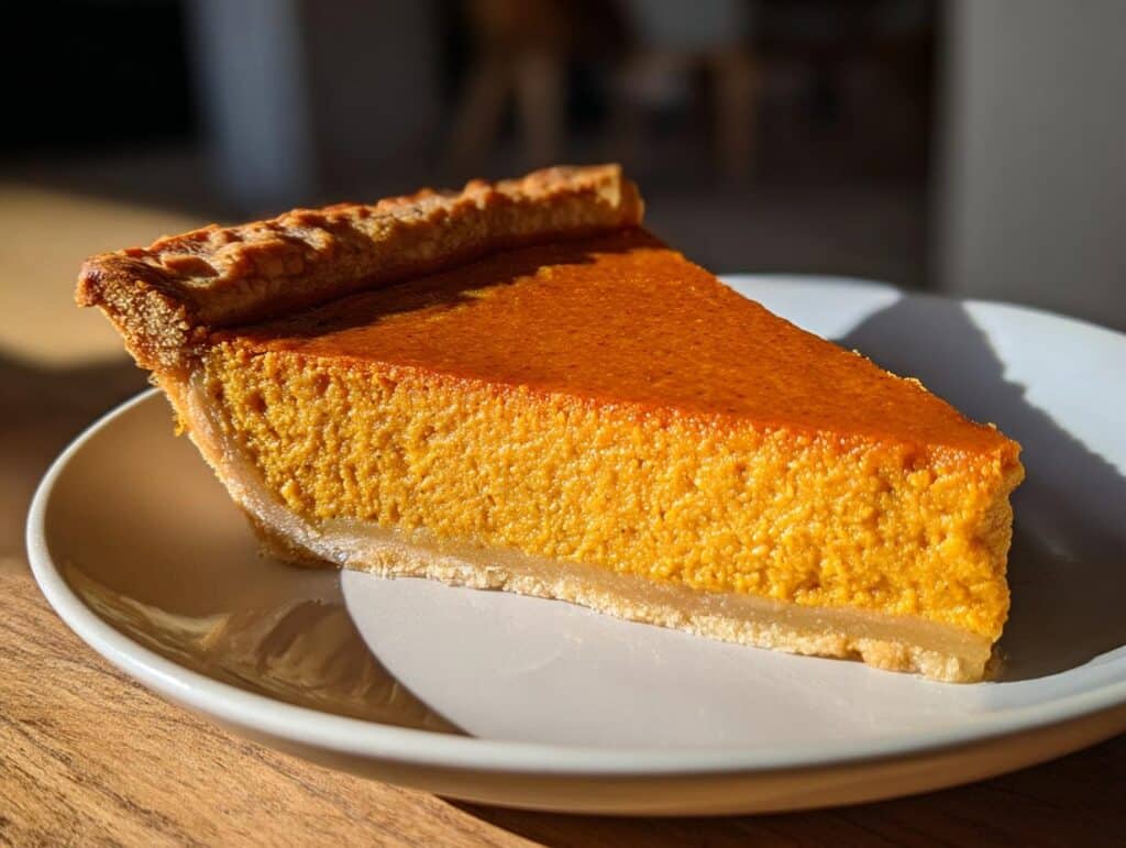 A perfect slice of Amazing Pumpkin Pie with a golden crust and smooth, vibrant orange filling.